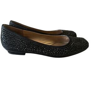 Joan & David Flats Shoes Daignatius Black Satin & Rhinestone Ballet size 7